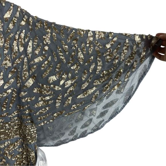 Mac Duggal Dress 20W Gold Blue Embellished Cape Sleeve Cocktail Metallic Sequin - Picture 6 of 11